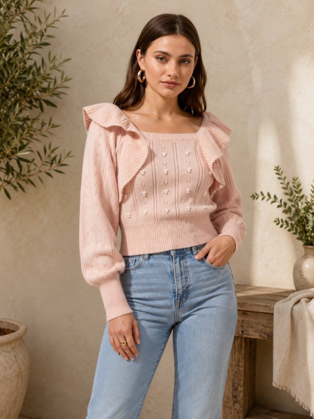 NWT ASTR The Label Cabot Pearl Embellished Crop Ruffled Sweater In Blush L